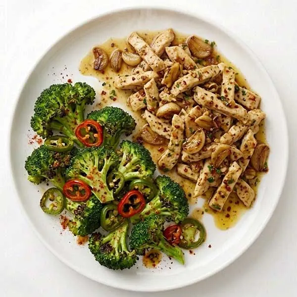 Spanish garlic chicken with jalapeno broccoli